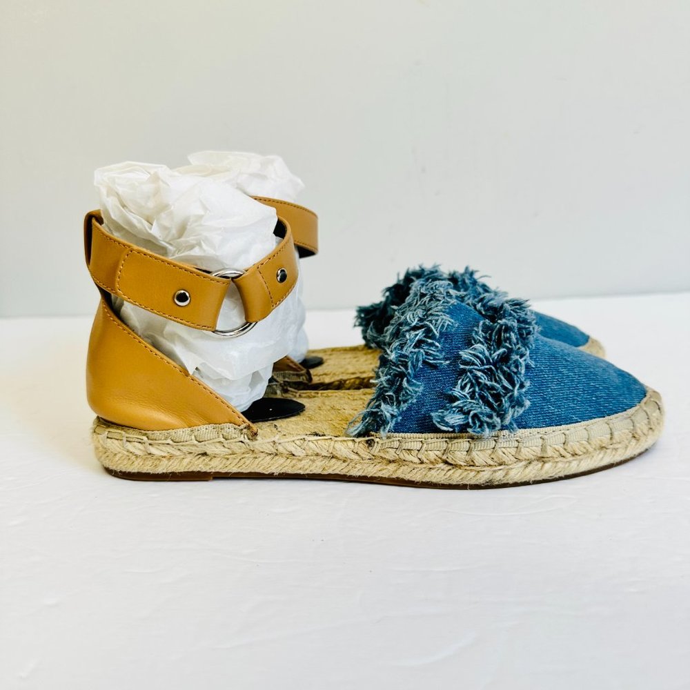 LIKE NEW REBECCA MINKOFF DENIM ANKLE WRAP FRINGE ESPADRILLES - Picture 3 of 9